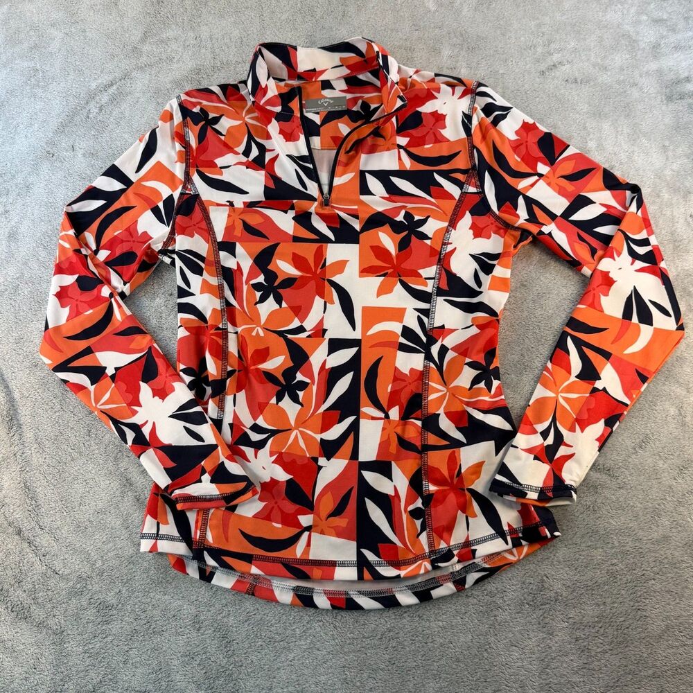 Callaway Pullover Women’s Medium 1/4 Zip Floral Golf Top Orange Navy
